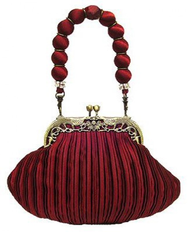 Evening Bag - Pleated w/ Vintage Frame and Fabric Ball Handle - Burgundy - BG-Z82694BG